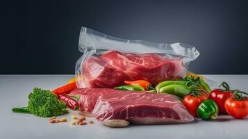 Vacuum sealed meat with vegetables around on blurred background. Generative AI photo