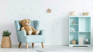 niños habitación interior. niño Sillón en un iluminado por las estrellas blanco mundo maravilloso con osito de peluche oso y Fresco planta. generativo ai foto