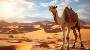 Saharan Serenity. A Camel in a desert. Generative A photo