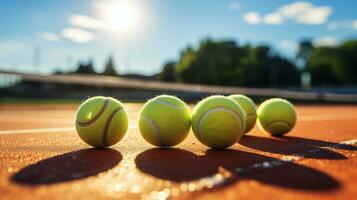 Some of Tennis balls on the court at sunny day. Generative AI photo