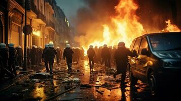 un documental de agitación, fuego, y confrontación. especial fuerza policía con equipo atrapando manifestantes generativo ai foto