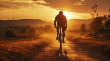 silueta ciclista conquistador grava rutas en un dramático puesta de sol antecedentes. generativo ai foto