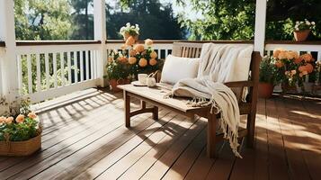 High-Angle View of a Wooden Terrace Haven. Wooden Terrace Overlooking a Lush Green Courtyard. Generative AI photo