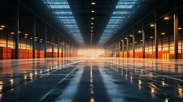 An Empty Warehouse Awaits Transformation in the Heart of a Thriving Logistics Hub. Generative AI photo
