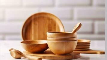 Simplicity and Style. White Table with Wooden Tableware Accents. Generative AI photo