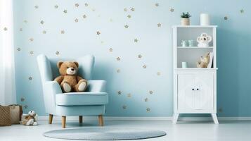 Kids Room Interior. Kid's Armchair in a Starlit White Wonderland With Teddy Bear and Fresh Plant. Generative AI photo