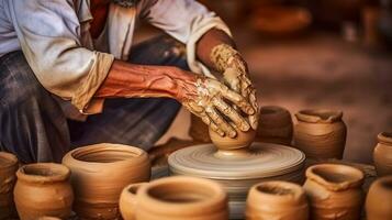 The Potter's Skill in Crafting Ceramic Tableware. Generative AI photo