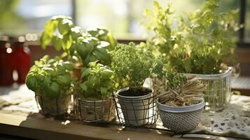 de la naturaleza sabores creciente hierbas en el cocina antepecho. generativo ai foto