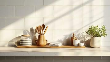 elegancia y sencillez. un minimalista cocina con iluminado por el sol mármol encimera generativo ai foto