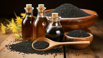Black Cumin is Organic herbal medicine for many diseases, Nigella Sativa in spoon on wooden background. Generative AI photo