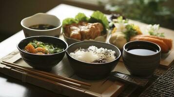 un Mañana en Japón - tradicional desayuno delicias generativo ai foto