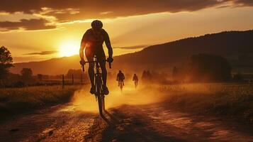 crepúsculo emigrar - silueta de un ciclista en un grava bicicleta montando un camino. generativo ai foto