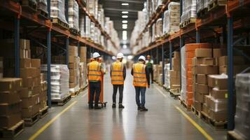 Warehouse Workers in Hardhats and Reflective Jackets Tread the Path Between Towering Racks. Generative AI photo