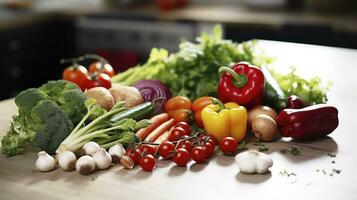 de la naturaleza generosidad. Fresco vegetales en el cocina. generativo ai foto