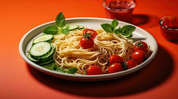 A plate of spaghetti with cucumber slices and strawberries served for school lunch. Generative AI photo