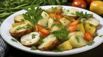 hervido patatas y Fresco verduras en un lámina. generativo ai foto