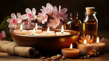 masaje terapia spa con amable luz de una vela y encantador floral preparativos. generativo ai foto