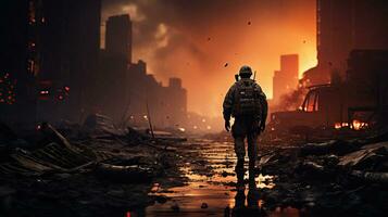 un solitario de soldado caminar mediante un devastado ciudad. generativo ai foto
