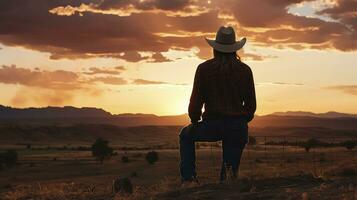 Silhouetted Serenity. A Cowboy and the Fading Sun. Generative AI photo