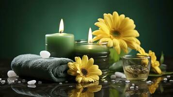 Tranquil Moments - Spa still life with candles flower towel and stones on green background. Generative AI photo