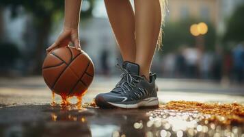 niña con baloncesto listo para jugar. generativo ai foto