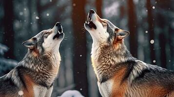 Two wolves expressing emotions and howling in the wild winter forest. Wintertime Wolves. Generative AI photo