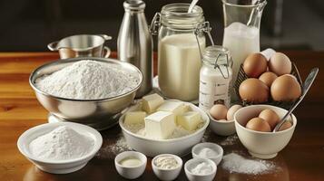el sinfonía de pastel haciendo - ingredientes y herramientas a hacer un pastel, harina, manteca, azúcar, huevos. generativo ai foto