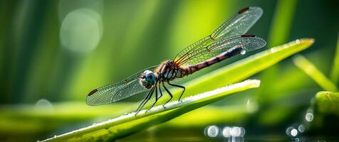 Dragonfly at Rest on a Graceful Grass Leaf. Generative AI photo