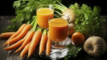 Delightful Carrot Juice Homemade to Perfection, Presented with Fresh Vegetables on an Wooden Tableau. Generative AI photo