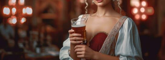 saboreando el momento - un vestido bávaro mujer disfrutando un cerveza. generativo ai foto