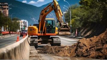 Excavator repair the road. Road works. Generative AI photo