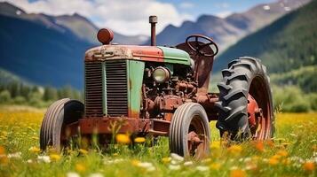 rústico encanto. un antiguo tractor en el prado. generativo ai foto