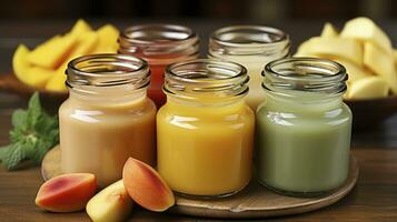 A Palette of Nutrition. Jars with different baby food on wooden table. Generative AI photo