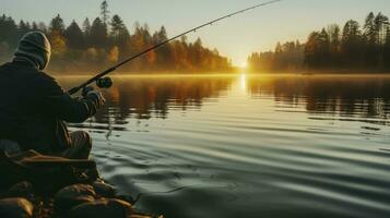 pesca. pescador con vara, hilado carrete en el río banco. antecedentes brumoso Mañana. generativo ai foto