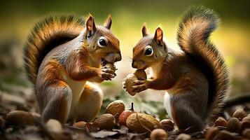 Squirrels fight over nuts. Generative AI photo