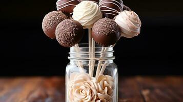 Sweet Bouquet. Cake Pops in Chocolate Cream in jar on a Rustic Wooden Background. Generative AI photo