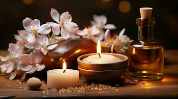 Relaxing Massage Therapy Scene with Candlelit Ambiance and Floral Elegance. Generative AI photo