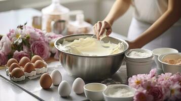 desde ingredientes a indulgencia. pastel haciendo, preparación. generativo ai foto