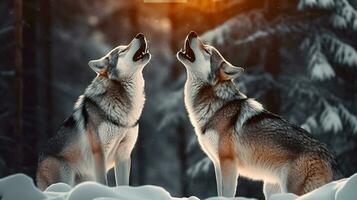 Lobos clamoroso y compartiendo emociones en el Nevado bosque. generativo ai foto