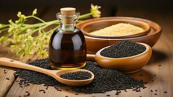 Black Cumin. Glass bottle of black cumin seeds essential oil , Nigella Sativa in spoon on wooden background. Generative AI photo