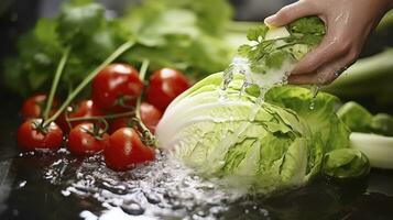 a fondo Lavado vegetales a el lavabo a garantizar frescura y seguridad. generativo ai foto