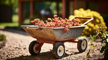 Retro wheelbarrow stored in the summer garden. Generative AI photo