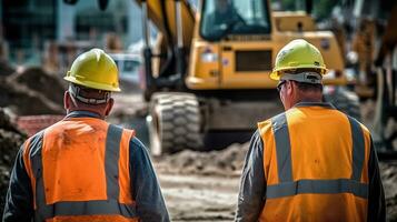 trabajo en equipo, dos trabajadores en uniforme a el construcción sitio. generativo ai foto