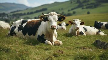 A Serene Assembly of Cows on Verdant Fields. Generative AI photo