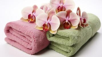 The Grace of an Orchid and Neatly Rolled Towels. Generative AI photo