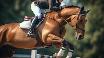 Graceful Leaps. The Thrill of Horse Jumping in Equestrian Sports. Generative AI photo