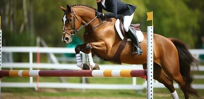 Equestrian Elegance. Show Jumping's Daring Display of Skill. Generative AI photo