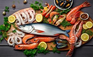 Embracing a Healthy Seafood Diet. View from above, Generative AI photo