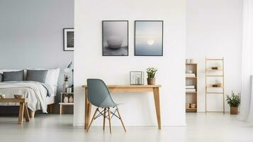 Elegance in Simplicity - A Chair at a Wooden Table in a White Open Space Interior. Generative AI photo