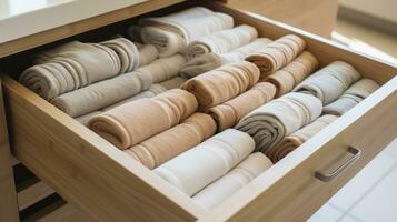 Elevated Elegance. A Close-Up on Organized Towel Storage. Generative AI photo